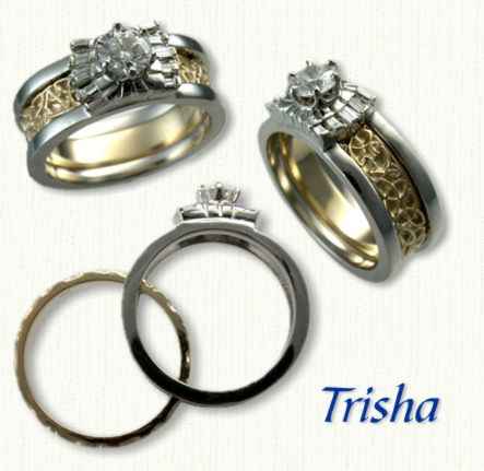 Trisha Reverse Cradle set with a round brilliant cut diamond and 10 diamond baguettes. Inner 14KY triangle knot band